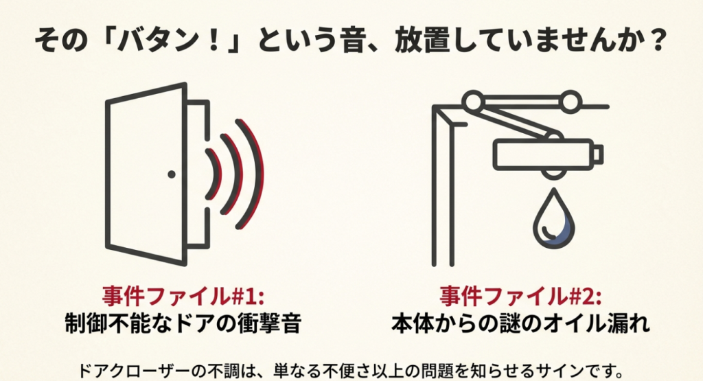 ドアが開閉するアイコンと「その『バタン!』という音、放置していませんか?」という警告メッセージ