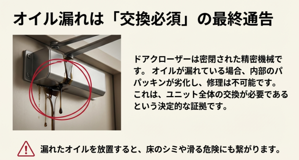 ドアクローザー本体から黒いオイルが垂れ落ちている写真と、修理不可能であることを示す解説