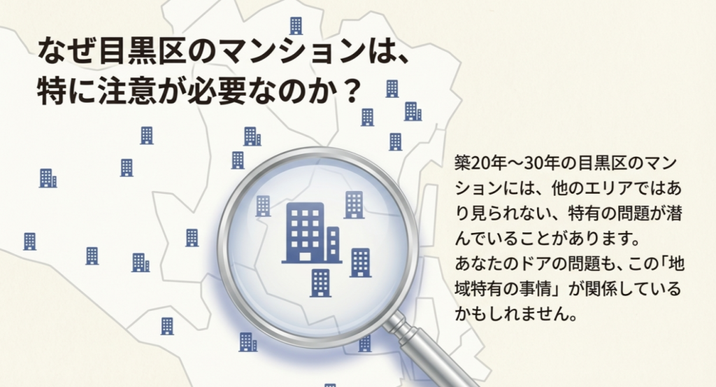 「なぜ目黒区のマンションは、特に注意が必要なのか?」という問いかけと、地域特有の事情を示唆する