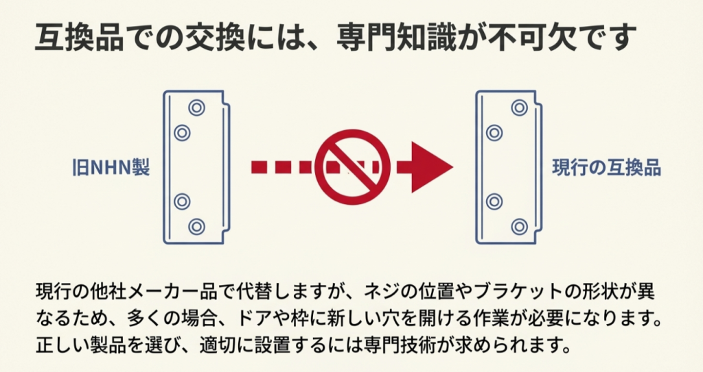 旧NHN製と現行品のネジ穴の位置が異なる図解。「専門知識が不可欠」というメッセージ
