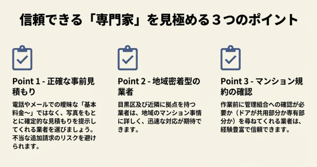 正確な事前見積もり、地域密着型、マンション規約の確認という3つのチェックポイントを挙げたスライド