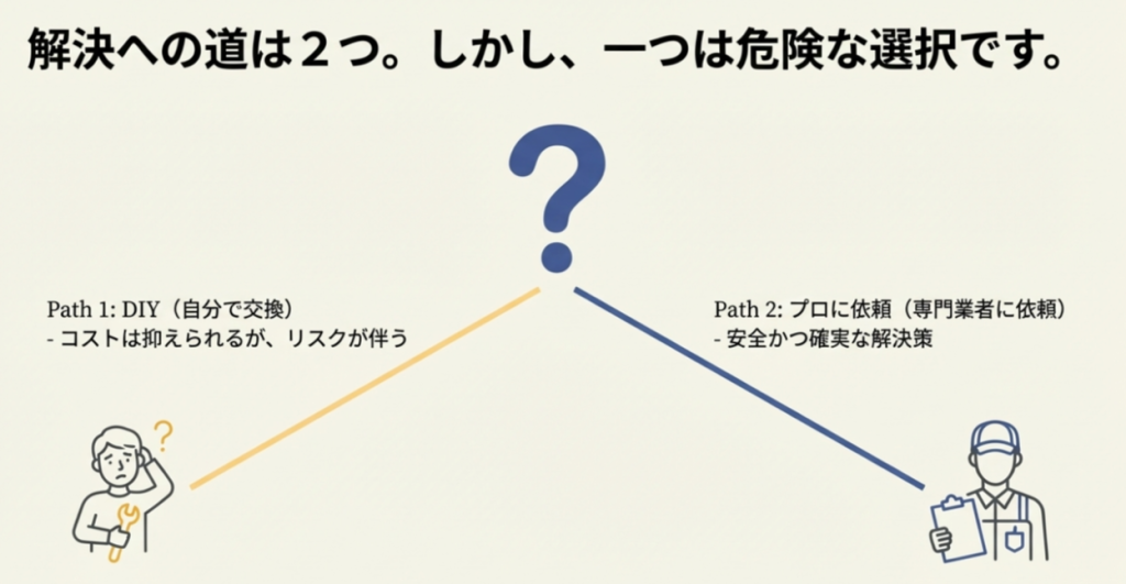 自分で交換する「Path 1」とプロに依頼する「Path 2」の分岐を示し、DIYにはリスクが伴うことを示唆するイラスト