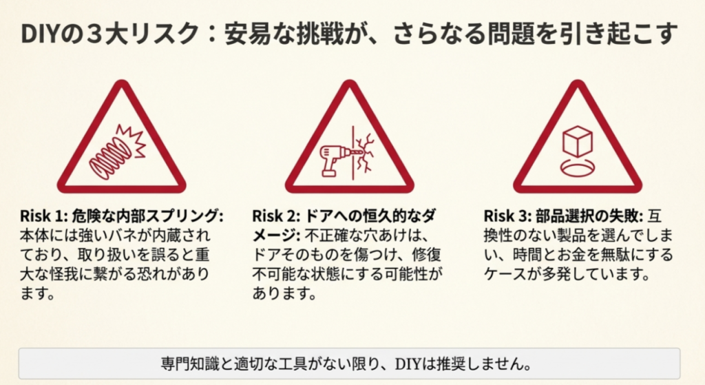 内部スプリングによる怪我、ドアへのダメージ、部品選択ミスという3つのリスクを示す警告アイコン