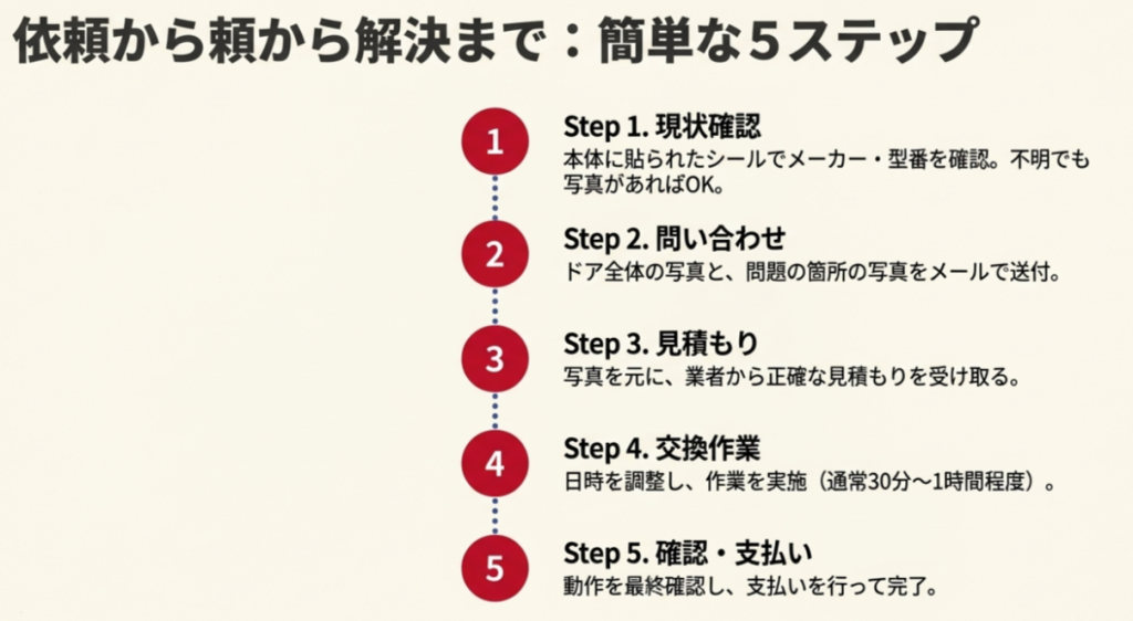 1.現状確認、2.問い合わせ、3.見積もり、4.交換作業、5.確認・支払いという5段階のフローチャート