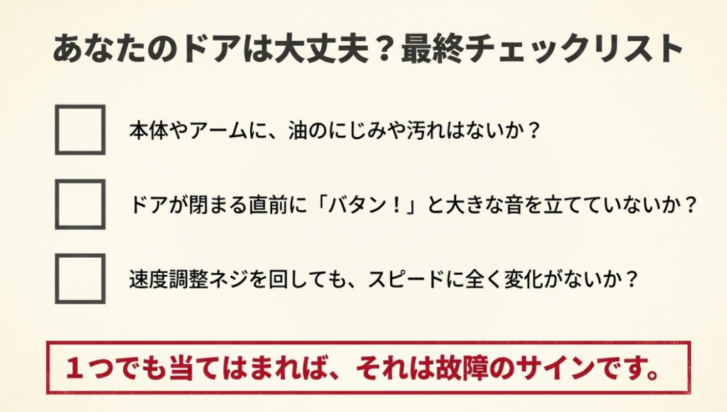 油にじみ、異音、速度調整不可の項目が並び、1つでも当てはまれば故障であることを示すチェックリスト