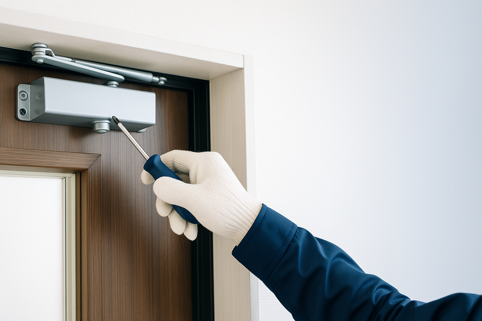 玄関ドアの内側上部に取り付けられたドアクローザー