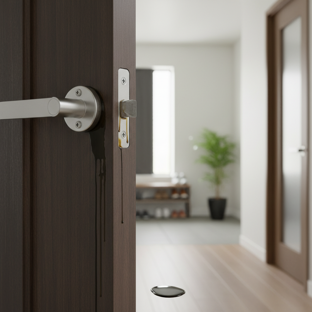 危険なサイン！玄関ドアクローザーの油漏れに関する画像