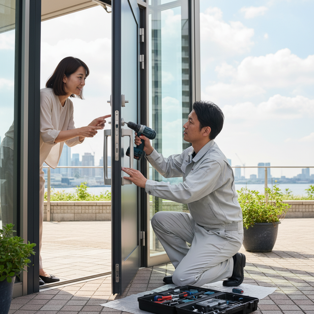 東京都江東区豊洲 ドア修理｜原因と対策：ドアクローザー・蝶番・ドアノブ