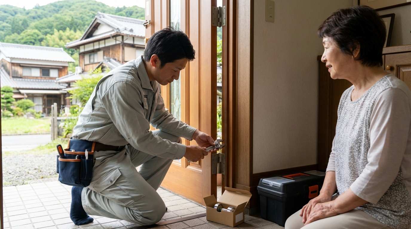 埼玉県越生町でのドア修理：蝶番・ドアノブの交換、建付け調整