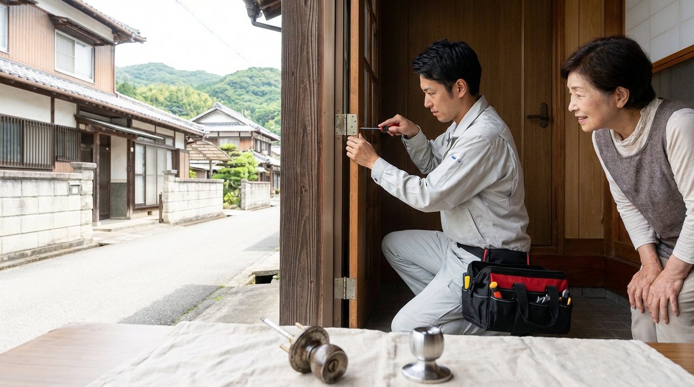 埼玉県小川町で多いドア修理：蝶番・ドアノブ交換、建付け調整