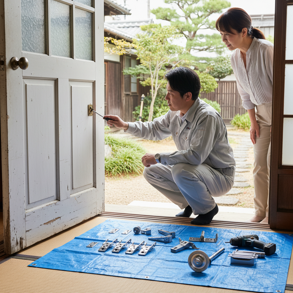 千葉県一宮町で多いドア修理：蝶番・ドアノブ交換、建付け調整