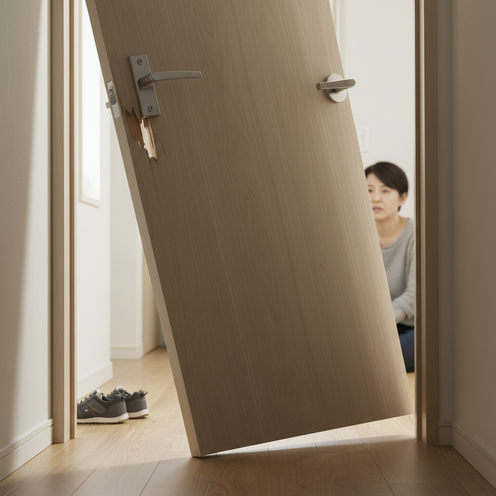 放置は危険！蝶番が外れたドアのリスクに関する画像
