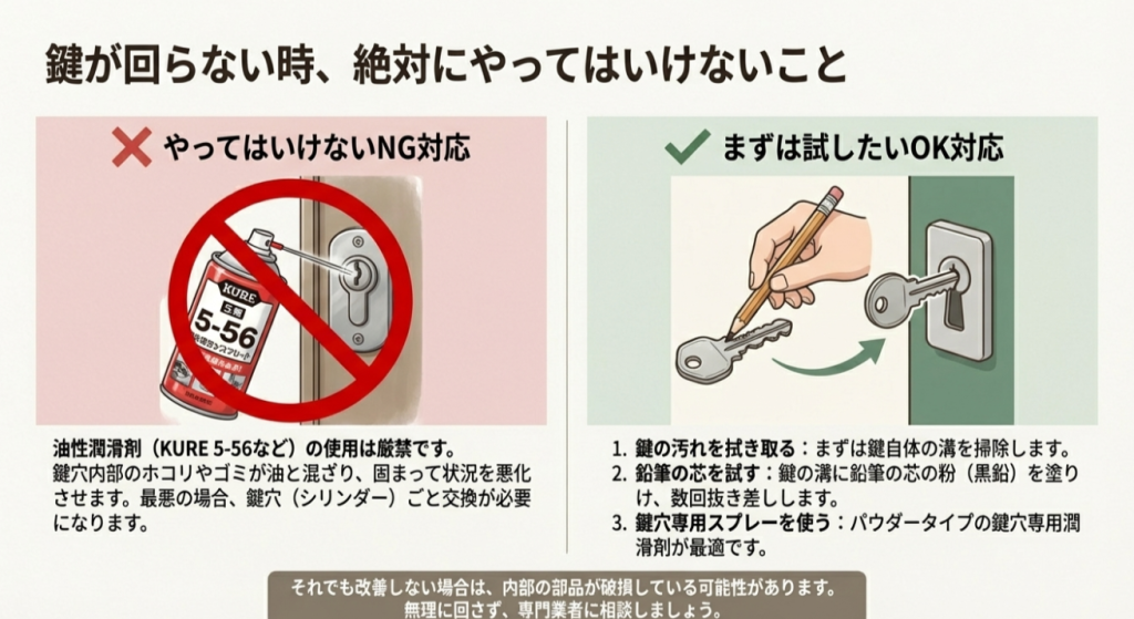 鍵穴に市販の防錆潤滑剤は厳禁。掃除機や鉛筆の芯を使った正しい応急処置のイラスト