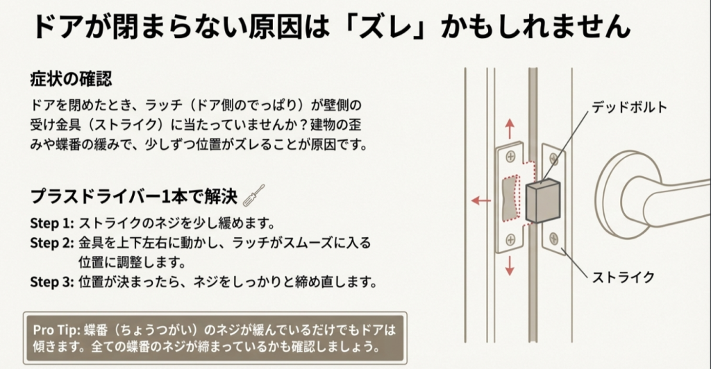 ドアが閉まりにくい原因となるラッチとストライクの位置ズレを解消する調整箇所の図解