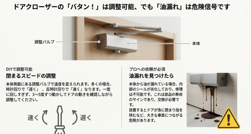 ドアクローザーの速度調整と油漏れサイン