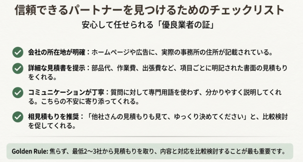 会社の実在性や見積もりの透明性など、悪質業者を避けるためのチェックポイント3選