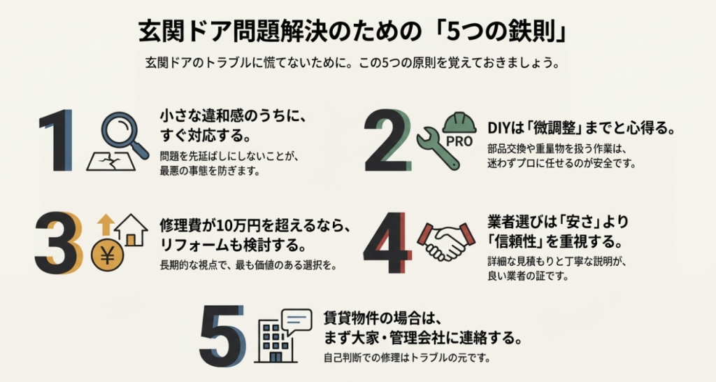 油漏れは即交換、DIYは無理せず、賃貸は管理会社へ連絡など、玄関ドア修理の重要ポイントまとめ